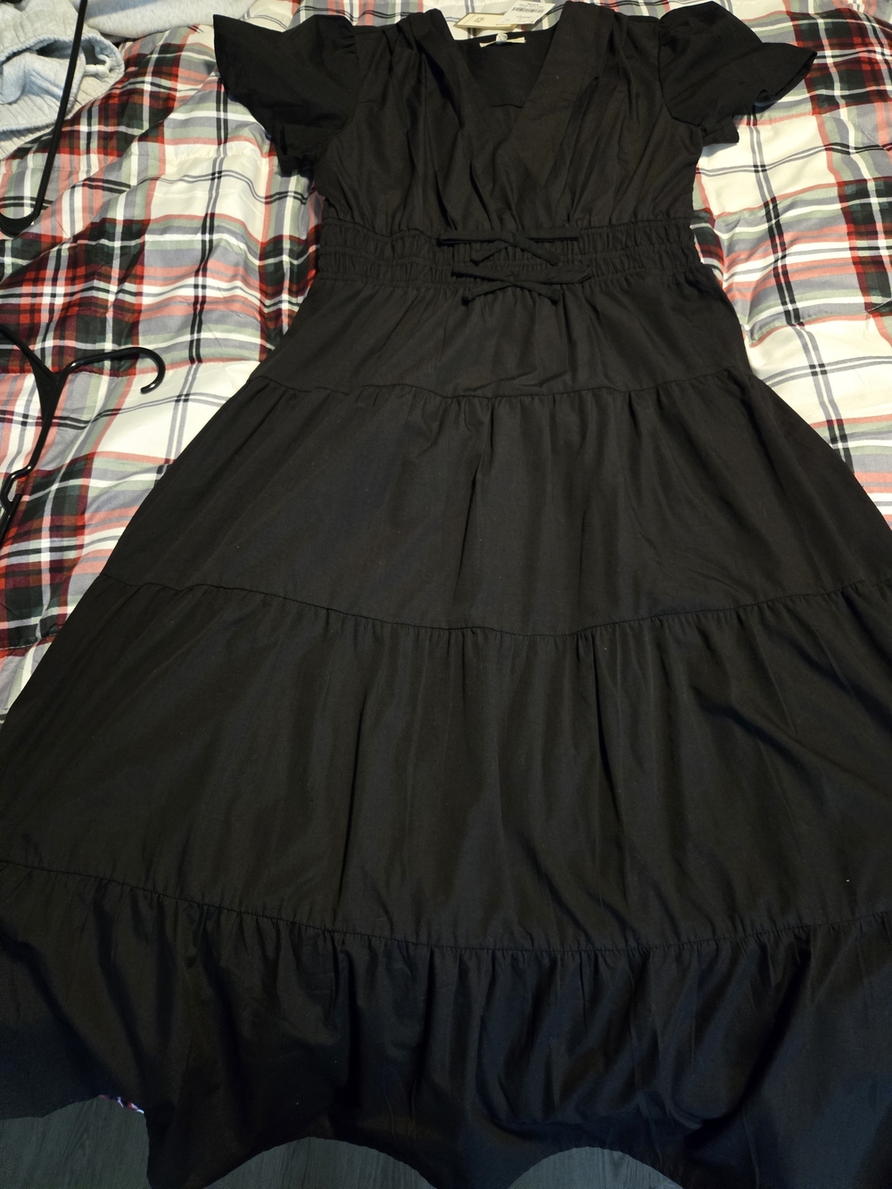 Black Tiered V-Neck Midi Dress